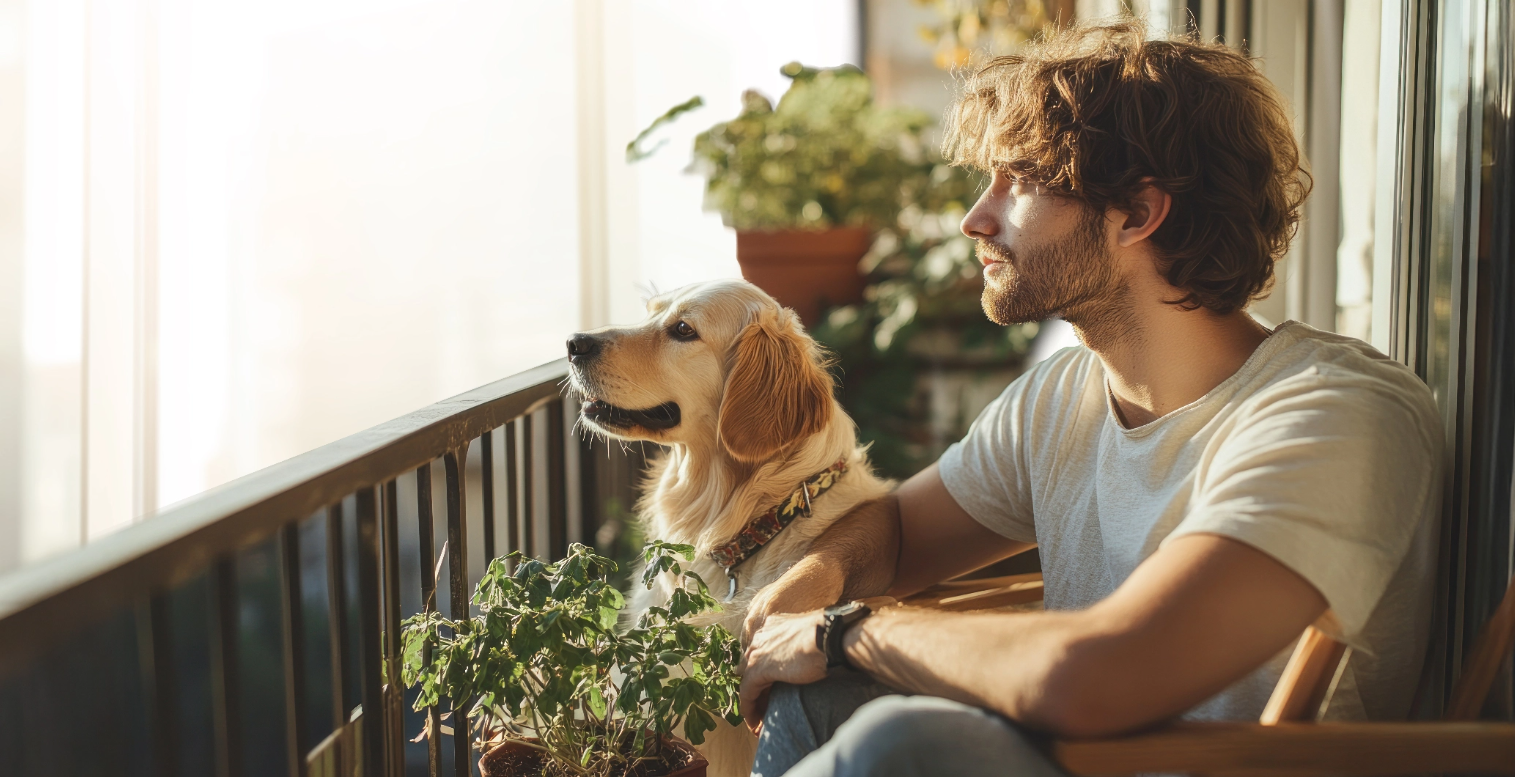 Ein Mann sitzt auf einem Balkon neben einem Golden Retriever. Beide blicken ruhig in die Ferne, während warmes Sonnenlicht auf ihre Gesichter fällt. Auf dem Geländer und Boden des Balkons stehen grüne Pflanzen in Töpfen. Die Szene wirkt friedlich und entspannt.